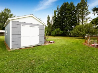 Small Grey Shed With White Trim Countryside Real Estate