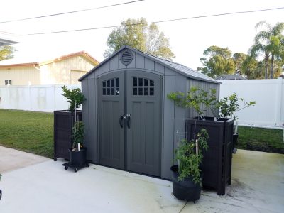 Grey Storage Shed With Plants On Cement